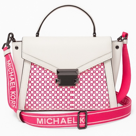 Michael Kors Handbags - Michael Kors Whitney Medium Neon Checkerboard Logo Satchel Crossbody White/Pink